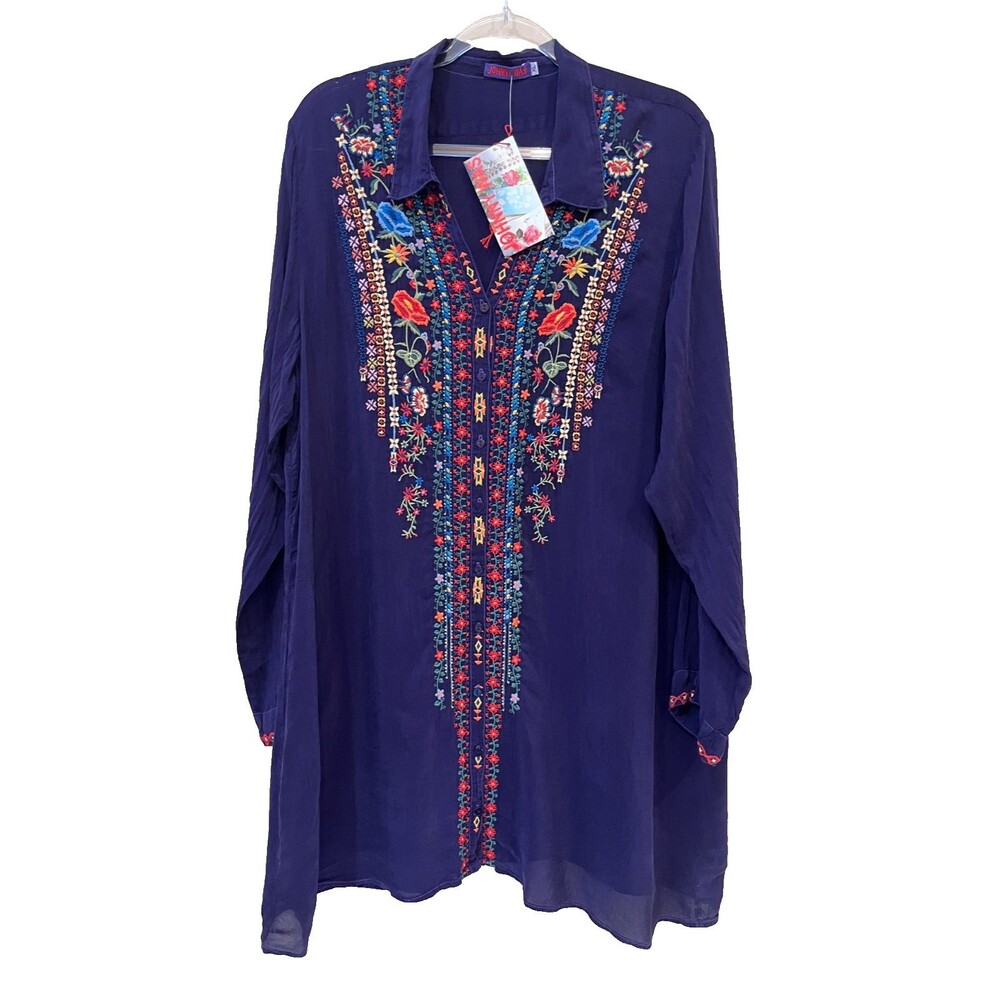 Johnny Was size XL Purple Embroidered Rayon Button Down Tunic Blouse NEW NWT